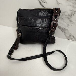Brighton Koda Black Brown Leather Crossbody Bag Messenger Handbag Silver Tassel